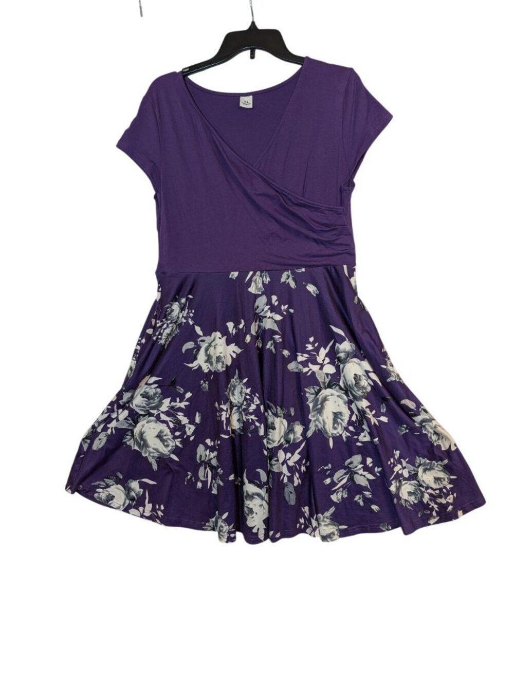Purple Floral Fit & Flare Dress With Short Sleeves & Wrap Bodice - XL